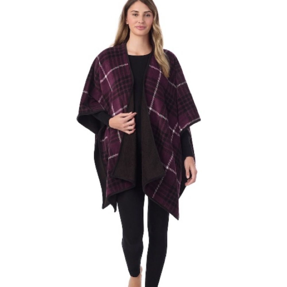 Cuddl Duds Women's Plaid Poncho - Purple and Black